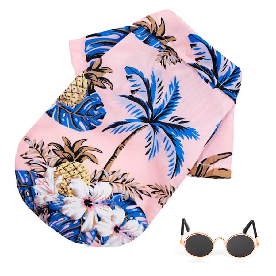 Fantasia de Havaiano Para Cães e Gatos - Camisa Florida e Óculos Escuros
