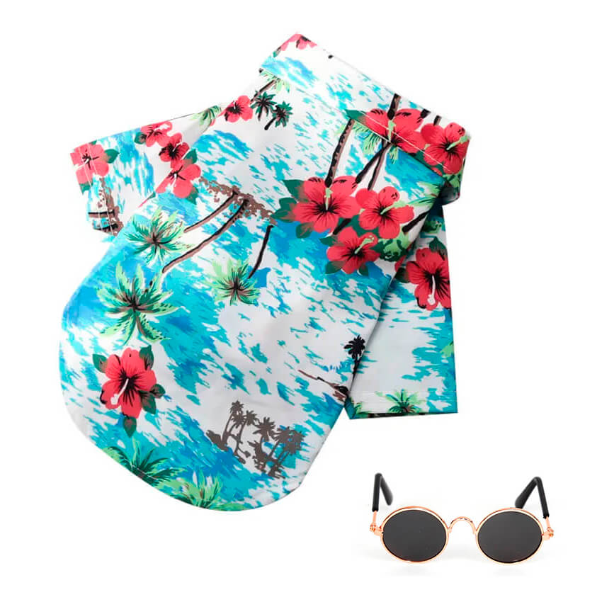 Fantasia de Havaiano Para Cães e Gatos - Camisa Florida e Óculos Escuros