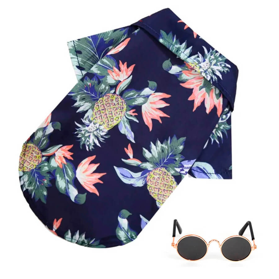 Fantasia de Havaiano Para Cães e Gatos - Camisa Florida e Óculos Escuros