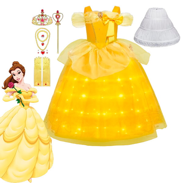 Fantasia Infantil de Bela da Bela e a Fera Com Luzes de LED - 2-10 Anos